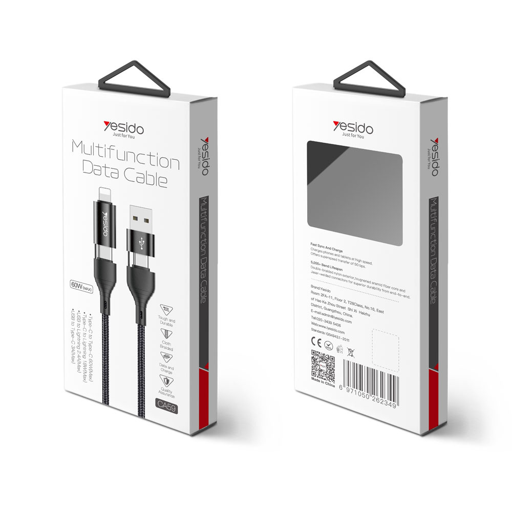Мултифункционален кабел за телефон YESIDO USB/USB Type-C/iPhone (max 60W) - Image 5