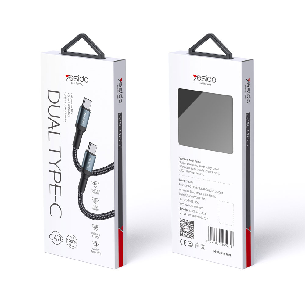 Кабел за телефон YESIDO USB Type-C към Type-C 120 см (max 60W) 480Mbps - Image 5