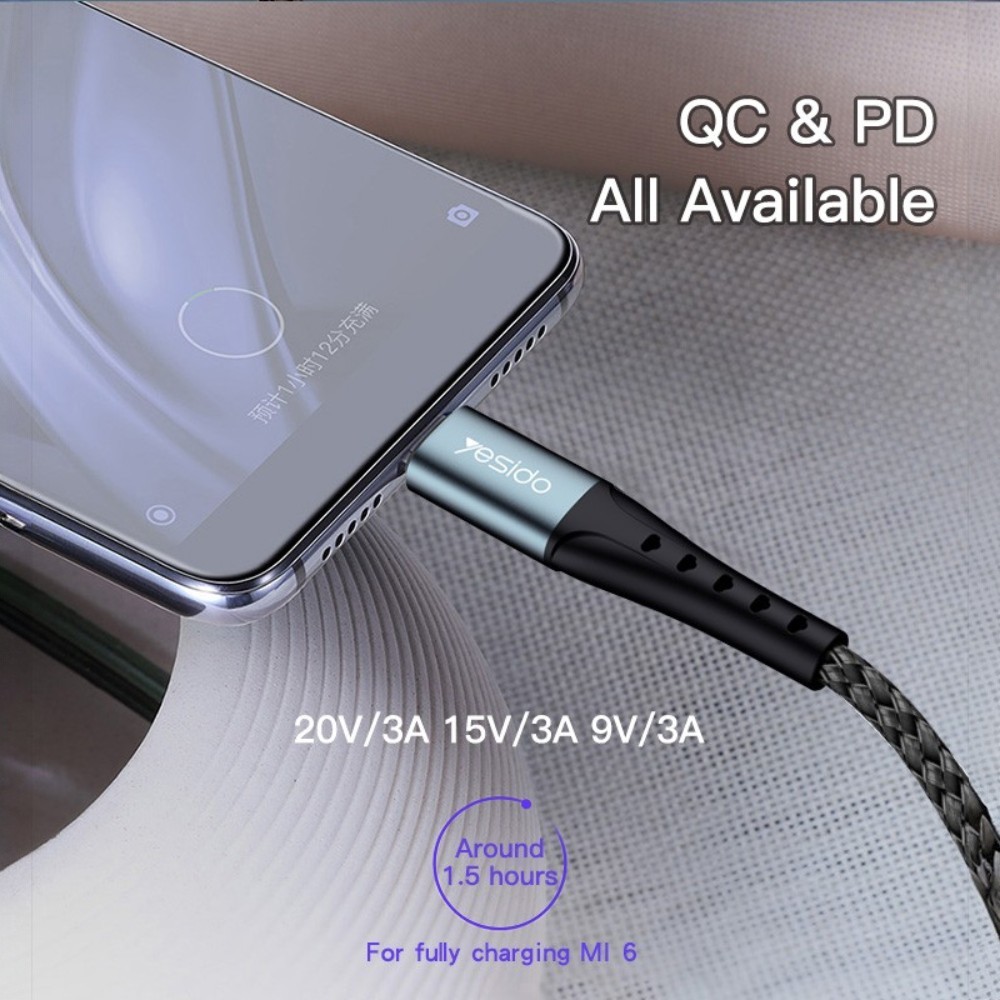 YESIDO USB Type-C to Type-C Phone Cable, 200 cm (max 60W), 5Gbps - Image 3