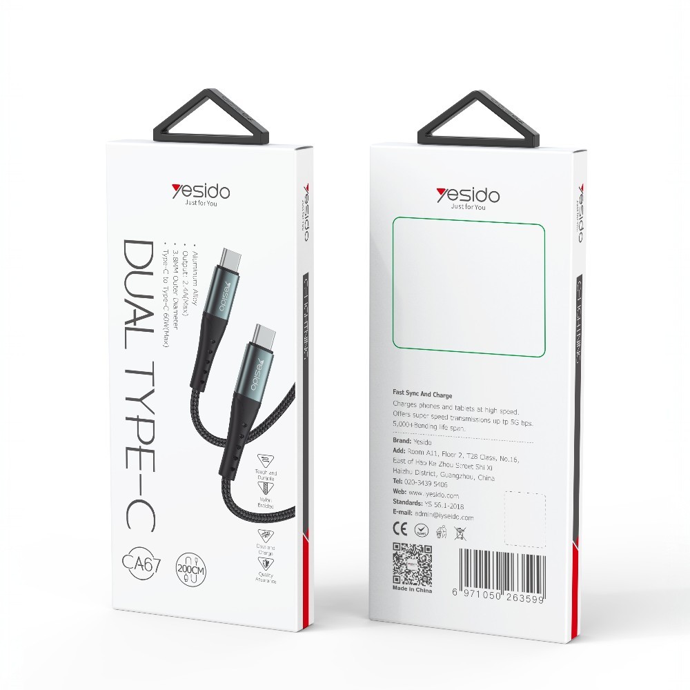 YESIDO USB Type-C to Type-C Phone Cable, 200 cm (max 60W), 5Gbps