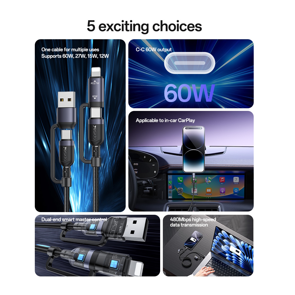 YESIDO Мултифункционален кабел за телефон USB/USB Type-C/iPhone (max 60W) - Image 3